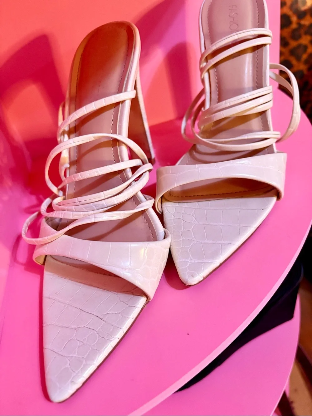 Fashion Nova Croc-Texture Strappy High Heel Sandals in Light Pink